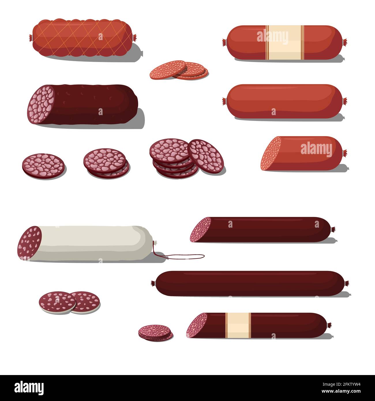 Set of sausage. Bacon. Salami. Smoked Boiled. Slices. Isolated objects