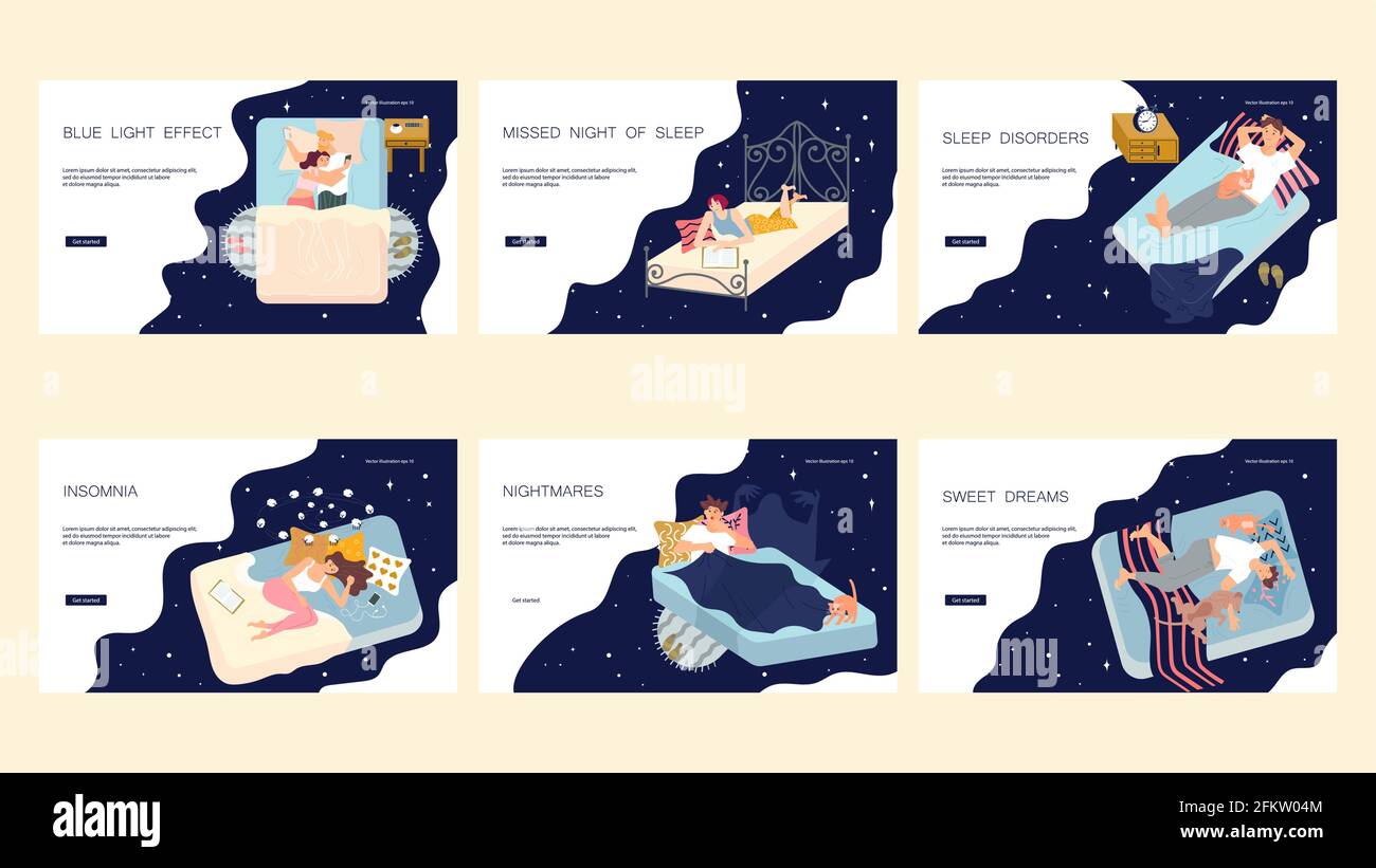 Set of Landing web page template with sleepiness or insomnia people ...