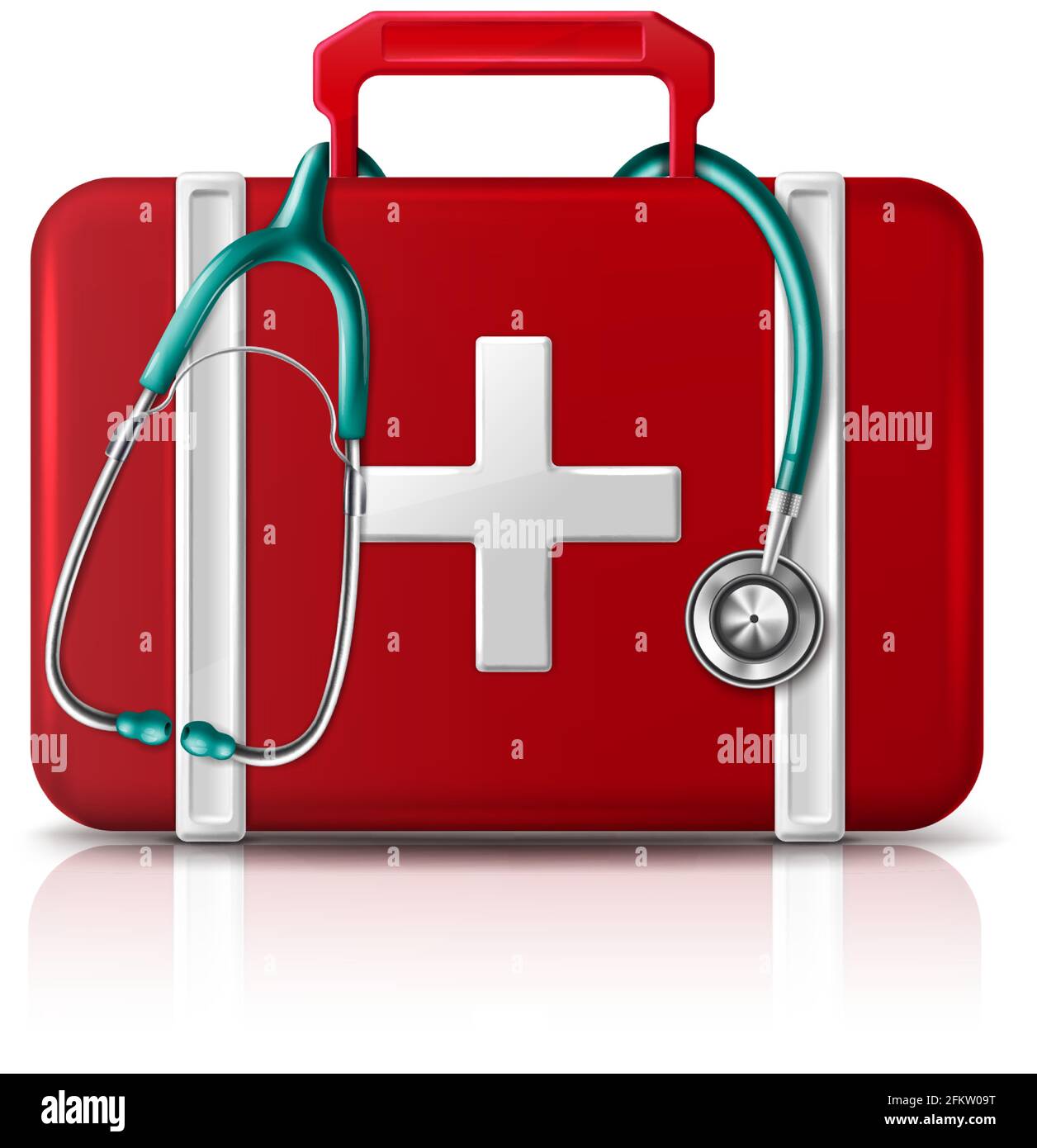 Vector first aid help bag with stethoscope, isolated on white background. Stock Vector