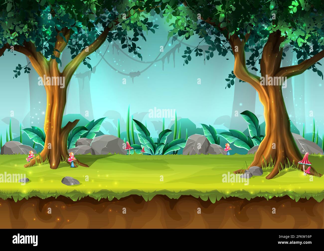 cartoon style seamless mystery rain forest with trees and mushrooms, illustration for game design, app, websites. Stock Vector