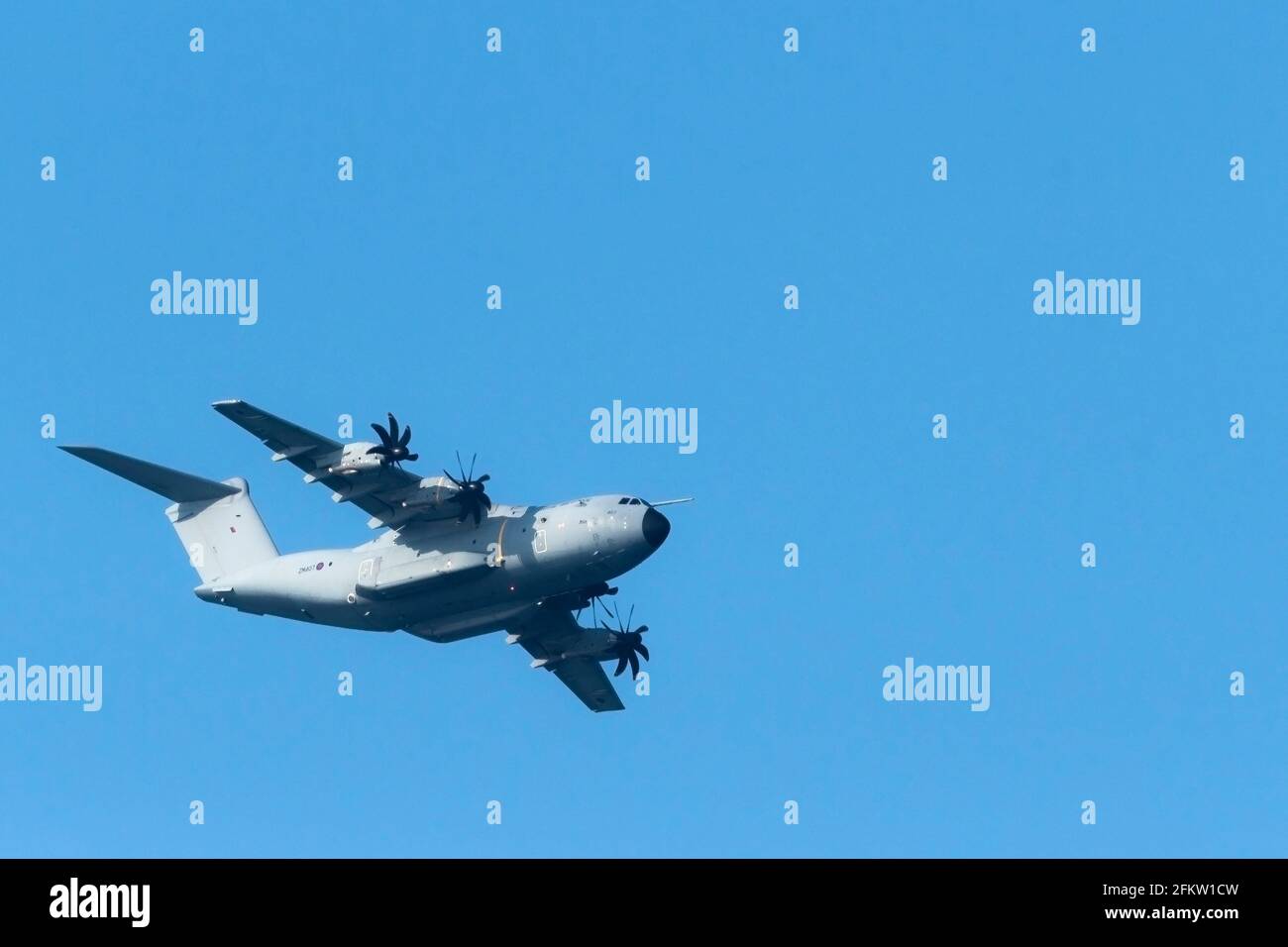 An RAF Airbus A400M Atlas C.1 Transport aircraft flying overhead. Stock Photo