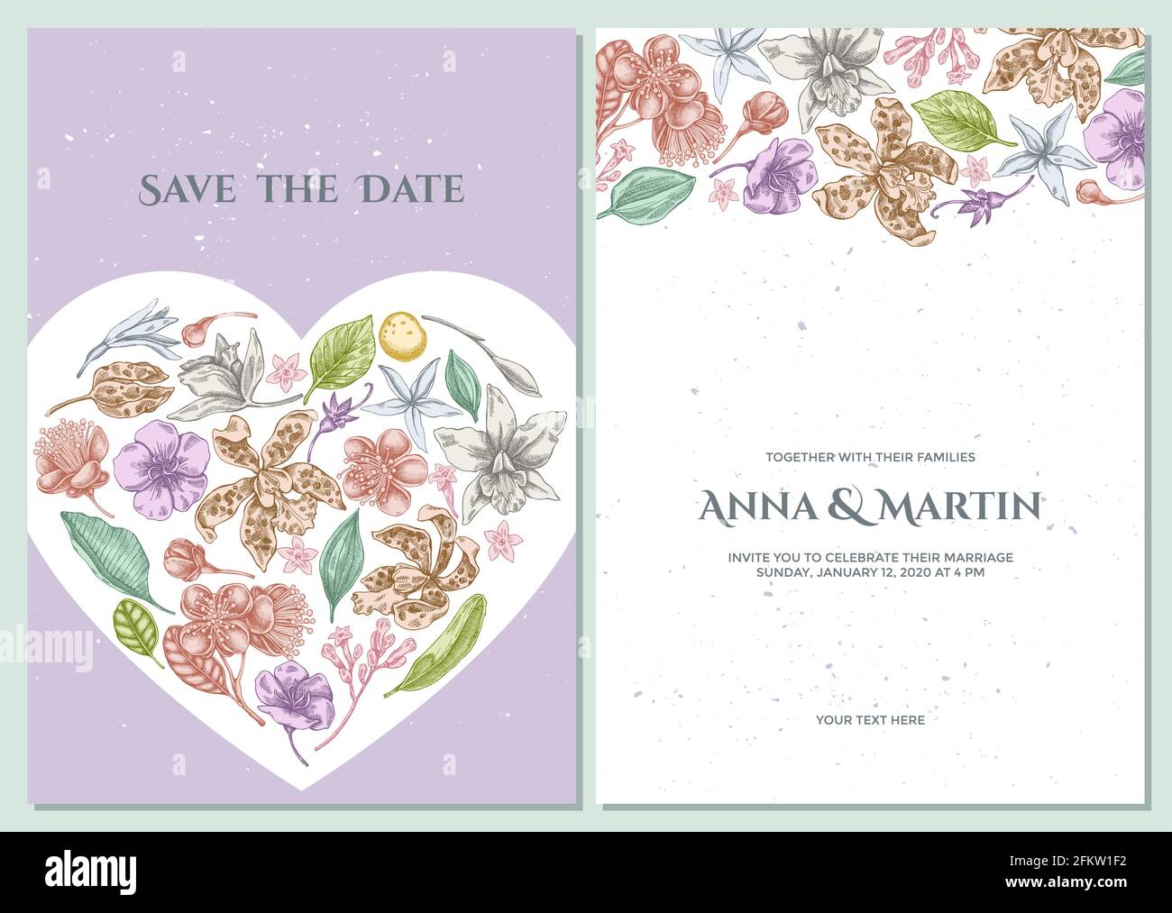 Wedding invitation card with pastel laelia, feijoa flowers, glory bush, papilio torquatus, cinchona, cattleya aclandiae Stock Vector