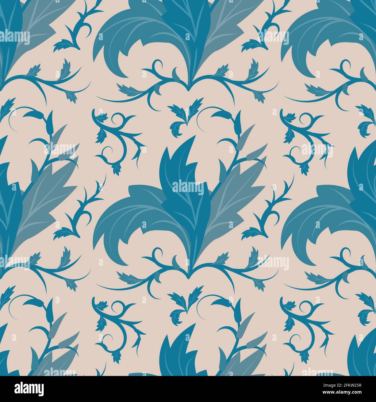 Seamless pattern in Art Nouveau style. Petals, leaves, swirls and lines in monochrome dark blue on neutral beige background. Vector illustration for p Stock Vector