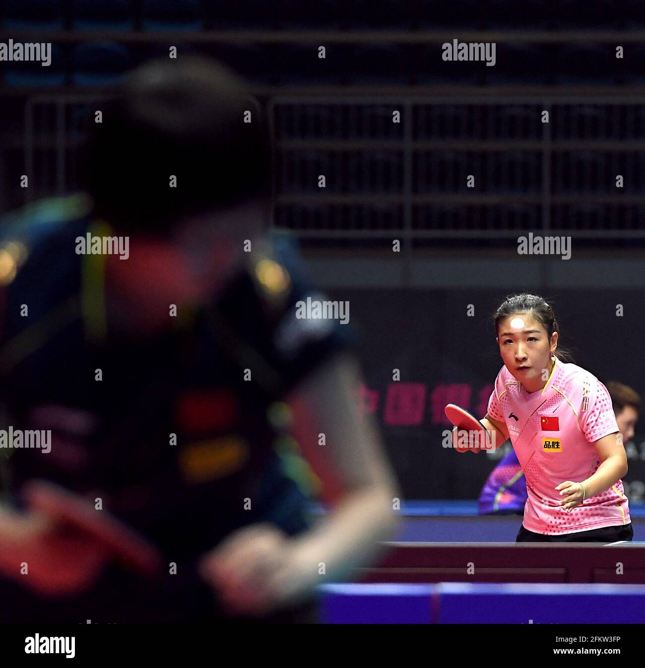 Xinxiang, China's Henan Province. 4th May, 2021. Liu Shiwen serves the