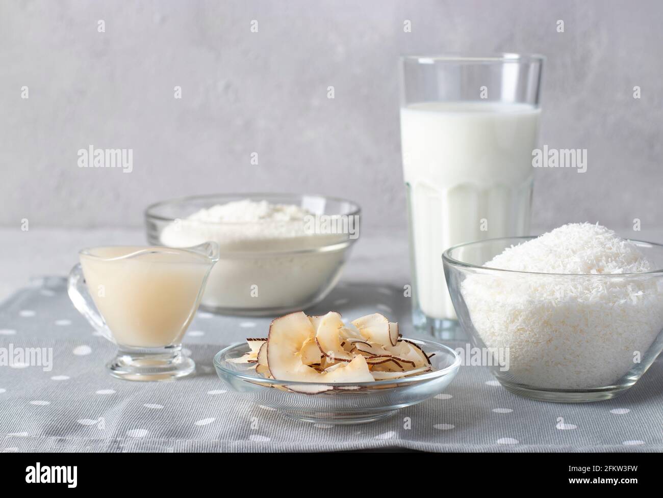 Coconut products coconut flakes, flour, milk, condensed milk and chips