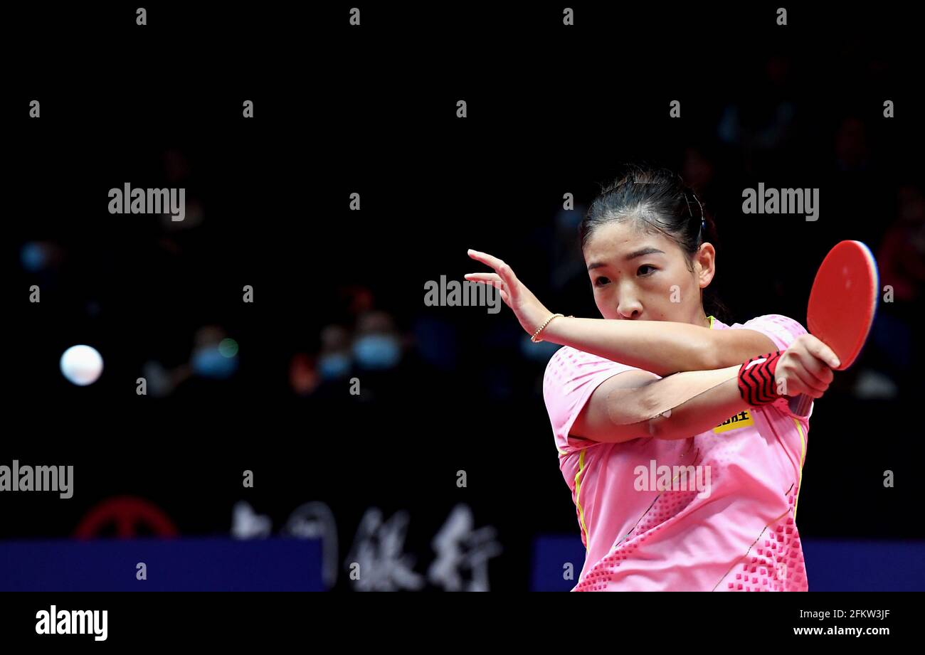 Xinxiang, China's Henan Province. 4th May, 2021. Liu Shiwen returns the