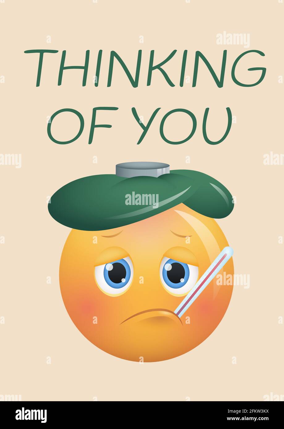 Composition of thinking of you message, ill emoji with icepack and thermometer on beige background Stock Photo