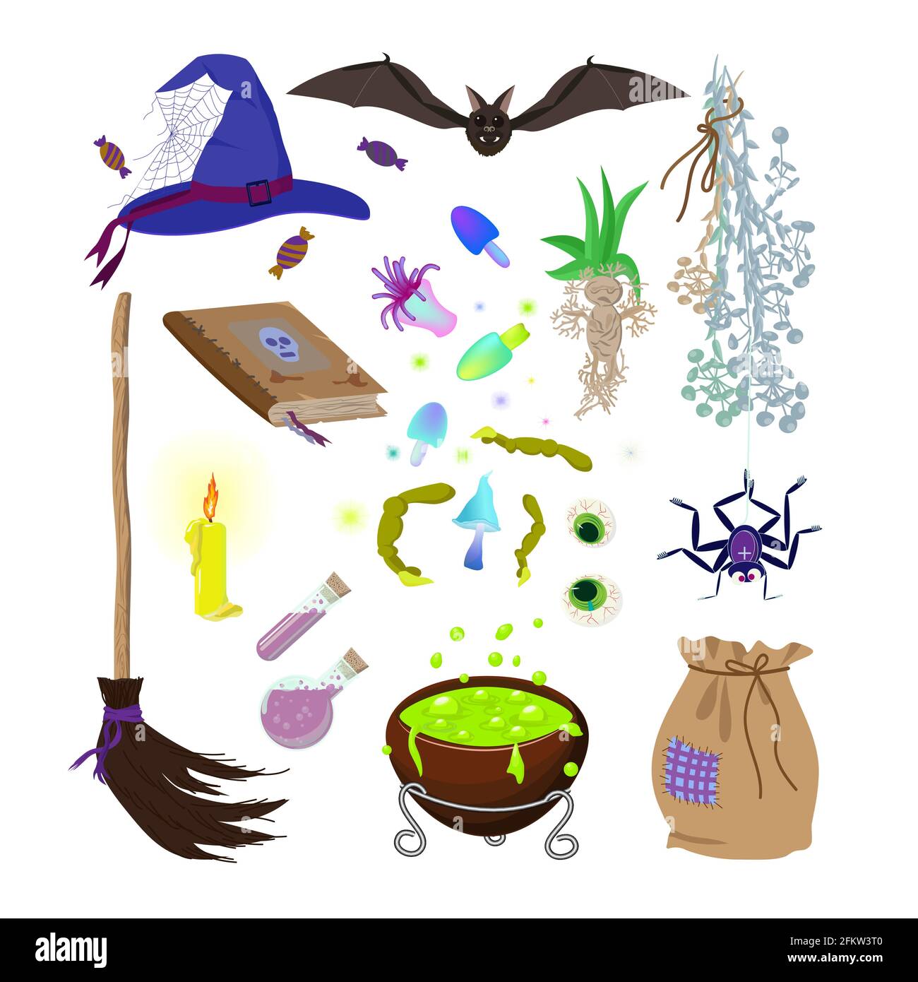 Witch set for Halloween decoration. Fantastic and mystical items for design, greeting cards and children's holiday. Vector illustration isolated on a Stock Vector