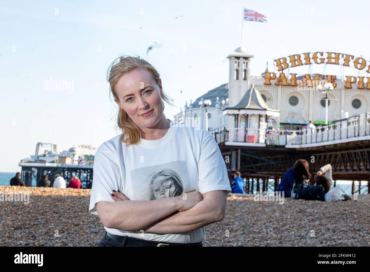 Portrait of Emma Jane Unsworth at Brighton Pier Emma (born 1978) is a British writer, journalist and screenwriter from Bury, Greater Manchester. She w Stock Photo