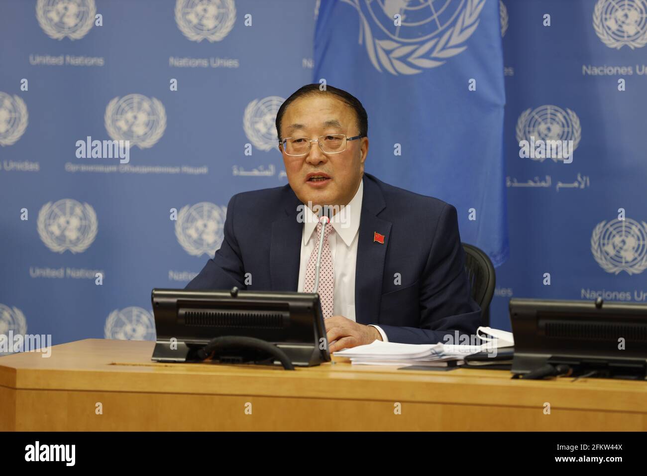 (210504) -- UNITED NATIONS, May 4, 2021 (Xinhua) -- Chinese Ambassador to the United Nations (UN) Zhang Jun speaks during a press conference at the UN headquarters in New York, the United States, May 3, 2021. Zhang Jun, who took the rotating presidency of the Security Council, on Monday underlined the importance of practicing true multilateralism. In his press conference on China's presidency for the month of May, Zhang told journalists that based on the Council's agenda, China will take the following as priorities in the work of the Security Council, including firmly upholding and practicin Stock Photo