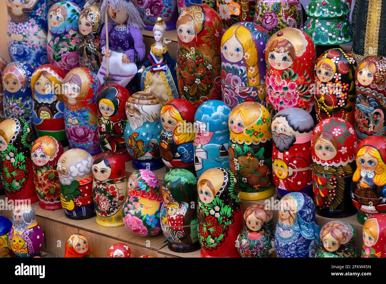 Moscow, Russia - May 4, 2021: Russian doll or nesting doll and matryoshka. Russian national craft souvenir and cultural toy made of wood. High quality photo Stock Photo