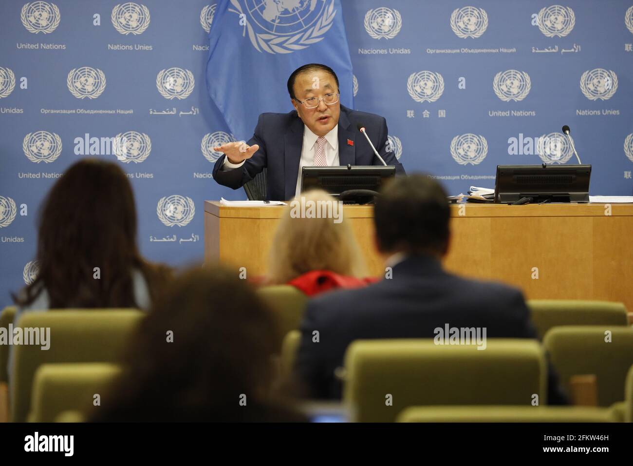 (210504) -- UNITED NATIONS, May 4, 2021 (Xinhua) -- Chinese Ambassador to the United Nations (UN) Zhang Jun speaks during a press conference at the UN headquarters in New York, the United States, May 3, 2021. Zhang Jun, who took the rotating presidency of the Security Council, on Monday underlined the importance of practicing true multilateralism.   In his press conference on China's presidency for the month of May, Zhang told journalists that based on the Council's agenda, China will take the following as priorities in the work of the Security Council, including firmly upholding and practicin Stock Photo
