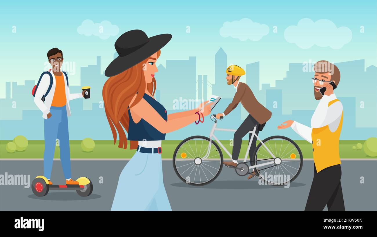 People walk in city park, guy riding gyroboard, man in helmet cycling, girl holding phone Stock Vector