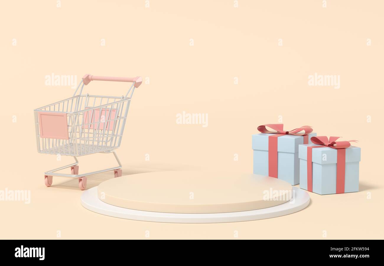 Empty merchandise stage with shopping cart and present box, 3d ...