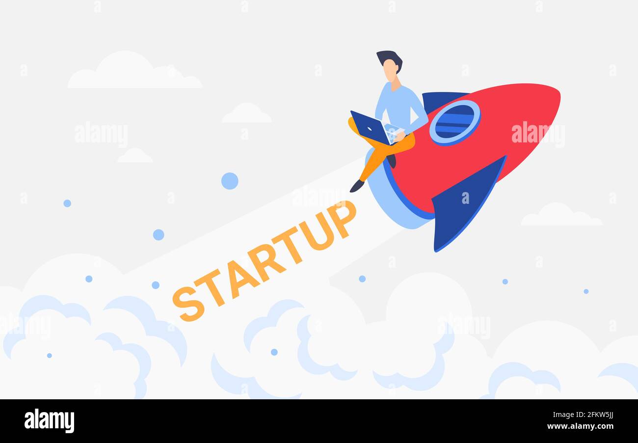 Rocket business startup concept, businessman flying on spaceship ...