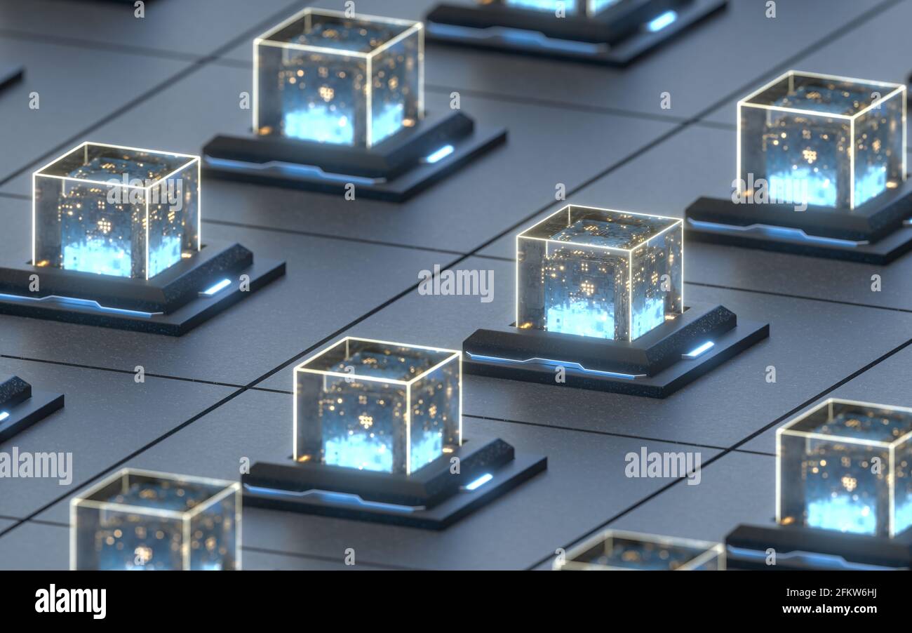 Creative electronics crystals cubes, 3d rendering. Computer digital ...