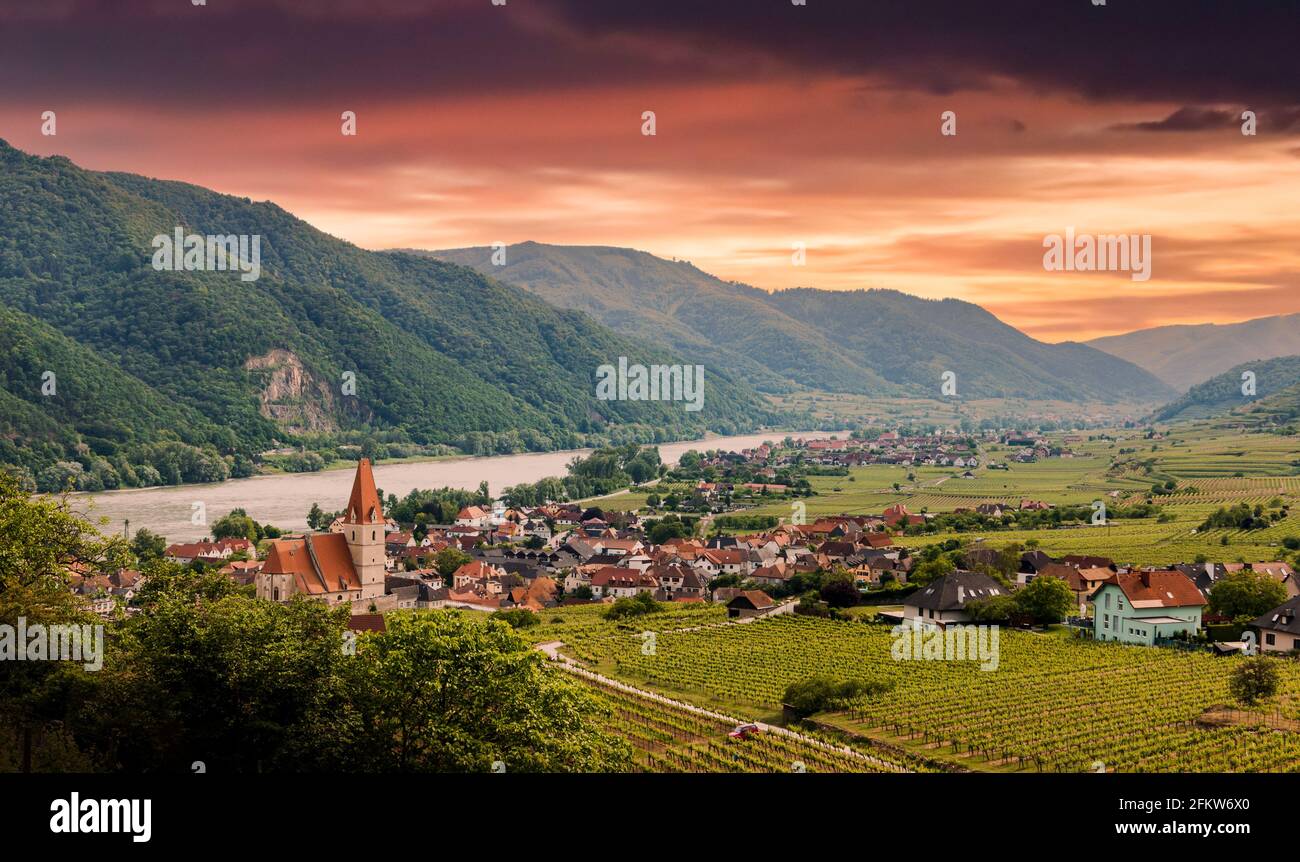 View of small austrian village Weissenkirchen in der Wachau on a Danube river bank, Wachau valley, Austria. Stock Photo