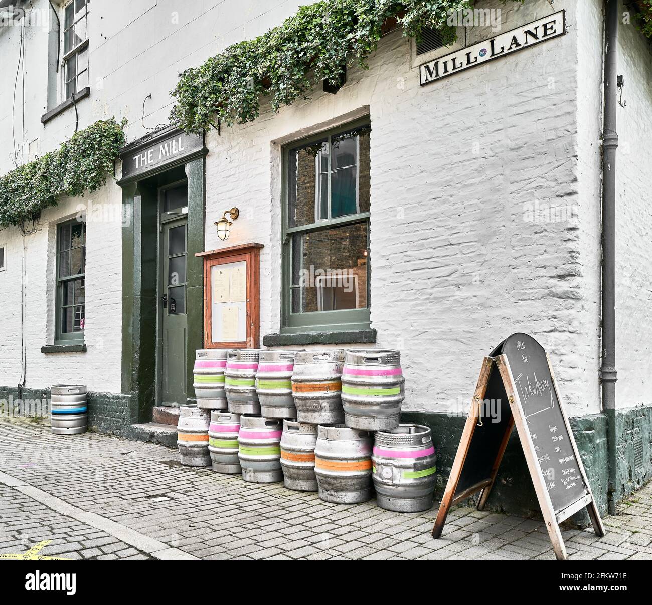 Barrels of beer outside the Mill pub, Mill Lane, Cambridge, England