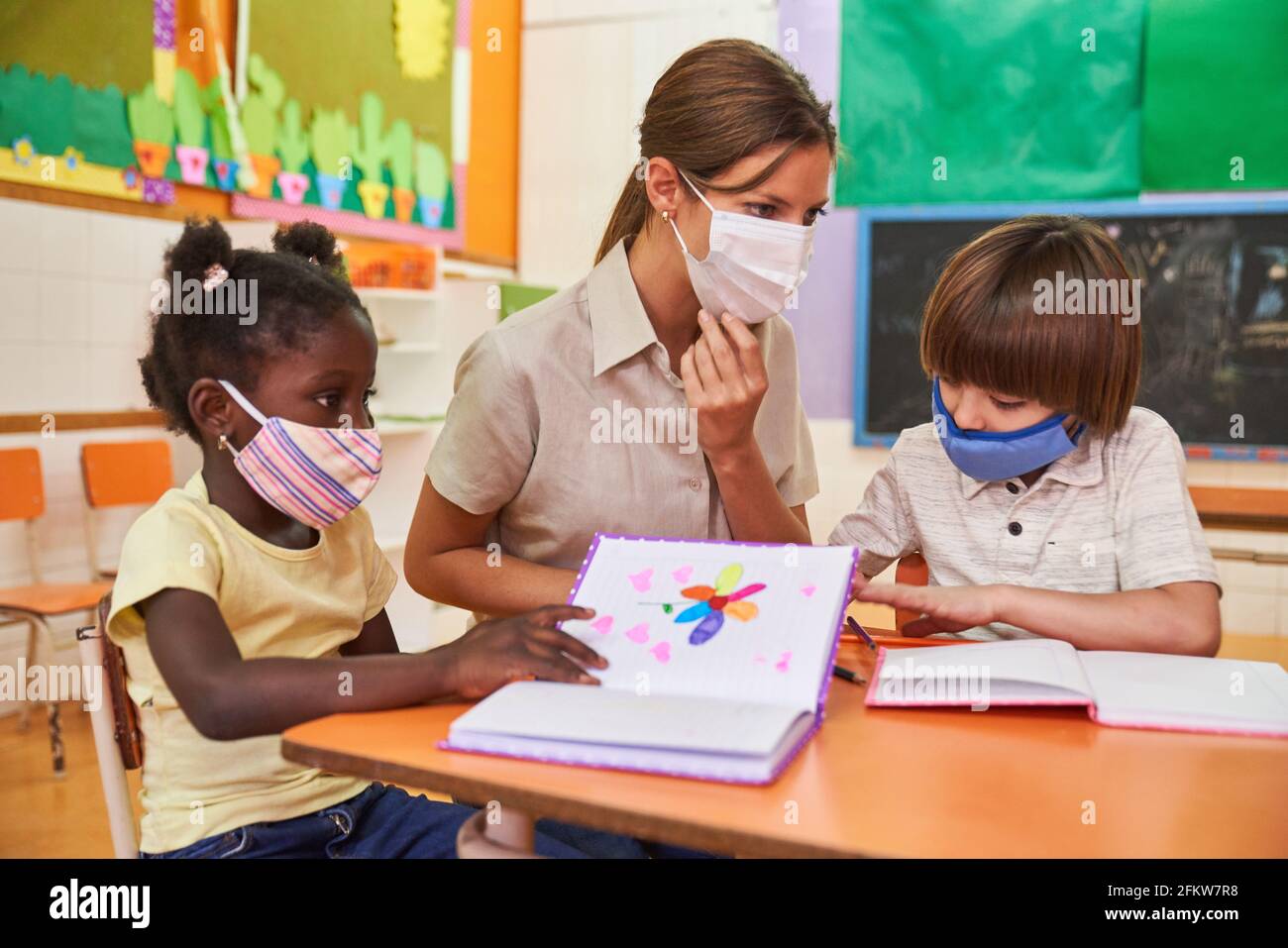Childminder and children with face masks because of Covid19 in