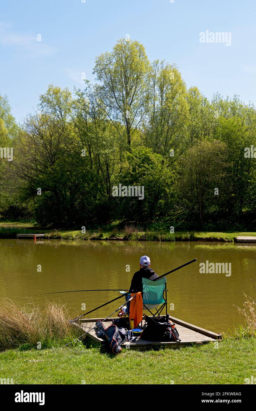 Angler at the Delves fishing lake, Thorne, South Yorkshire, England UK Stock Photo