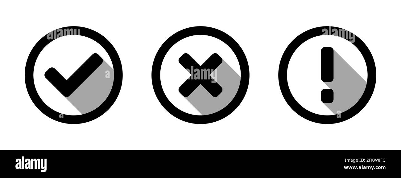 Yes or OK No or Declined Problem or Warning Flat Icon Set with Check Mark X Cross and Exclamation Mark Symbols in Circles with Shadow. Vector Image. Stock Vector