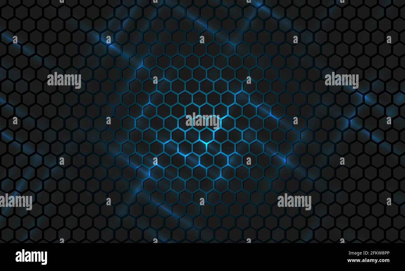 Black hexagonal technology abstract vector background. Blue bright ...