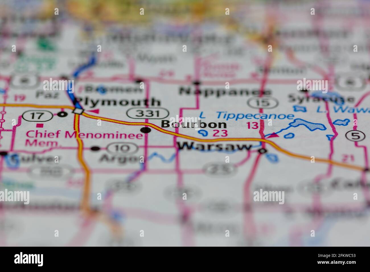 Bourbon Indiana USA shown on a geography map or road map Stock Photo