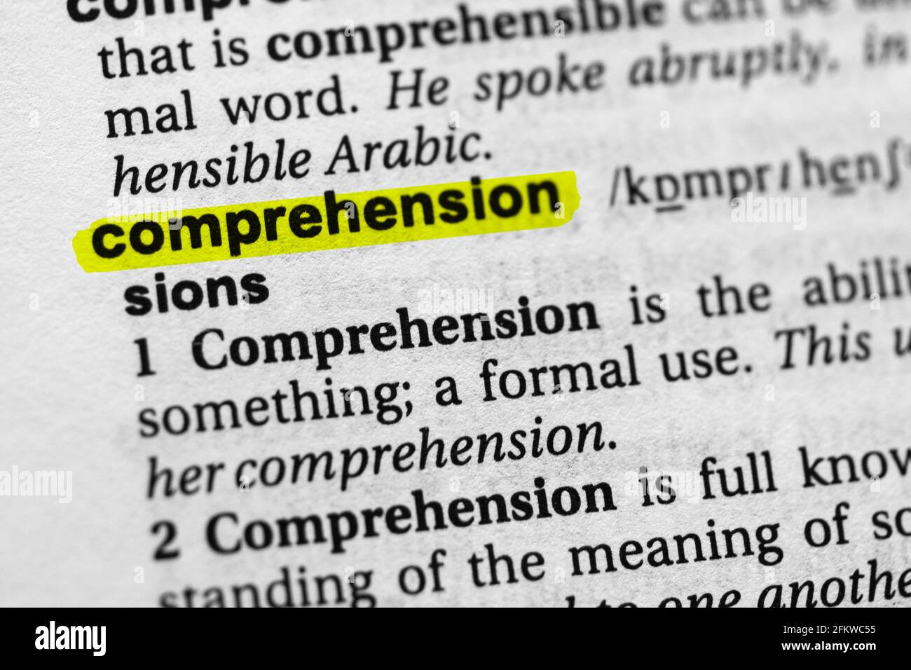 Highlighted word comprehension concept and meaning Stock Photo