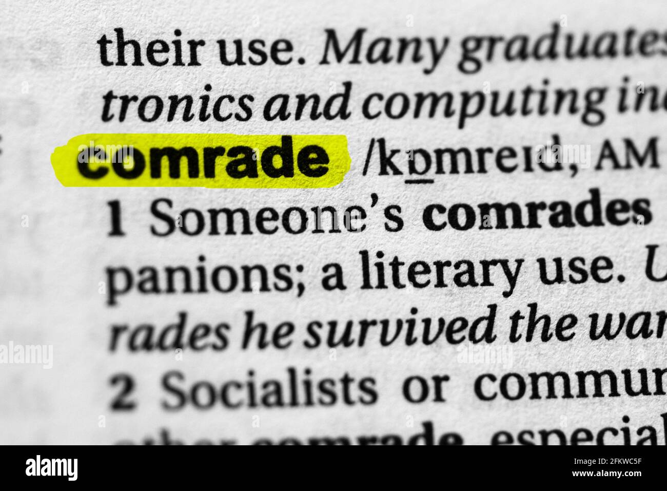 Highlighted word comrade concept and meaning. Stock Photo