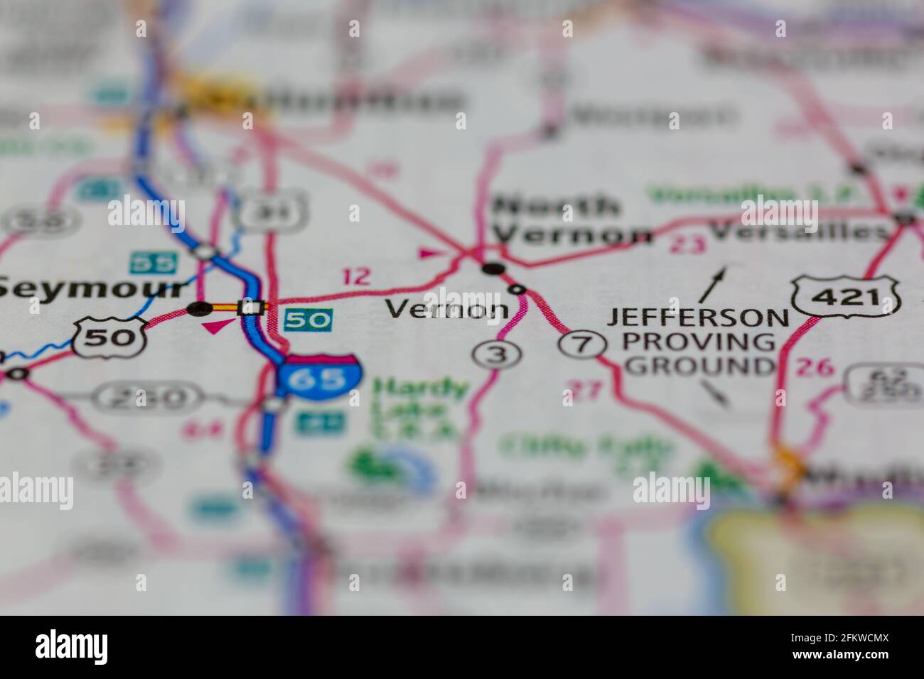 Vernon Indiana USA shown on a geography map or road map Stock Photo