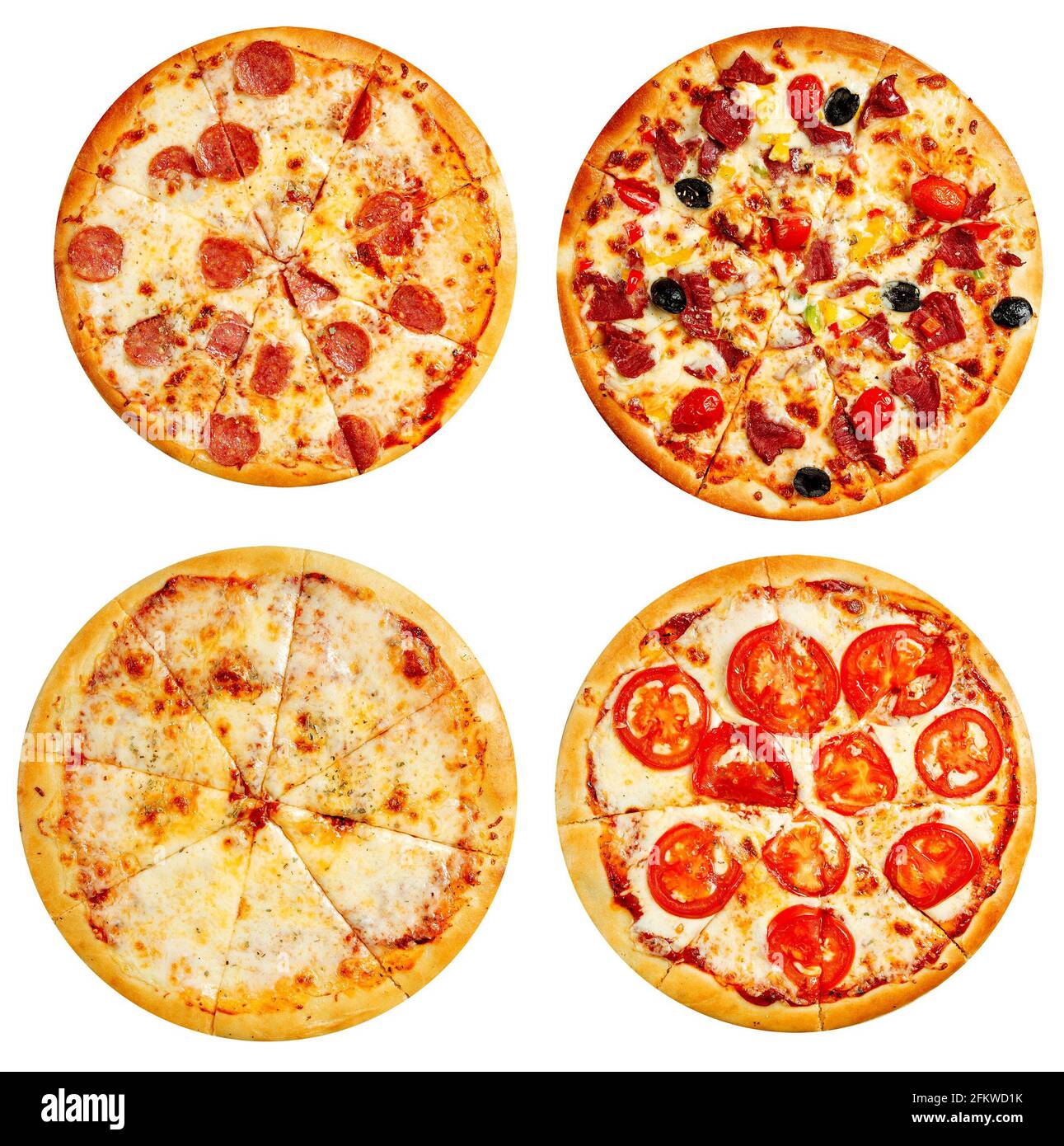 Variety of isolated pizzas menu collage disign Stock Photo