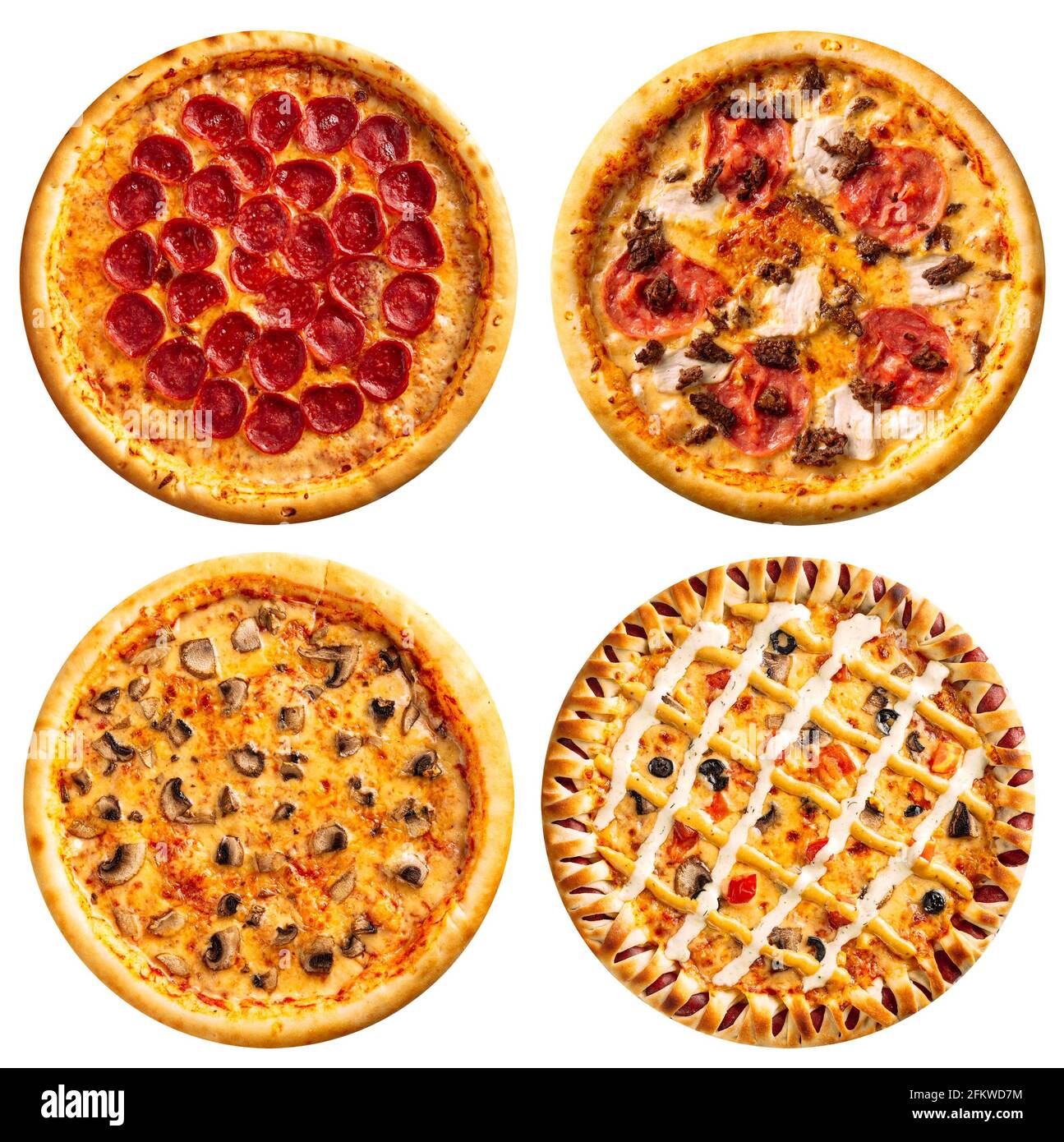 Variety of isolated pizzas menu collage disign Stock Photo