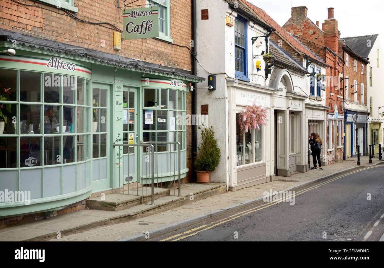 Street scene, with green cafe, in Southwell. Stock Photo