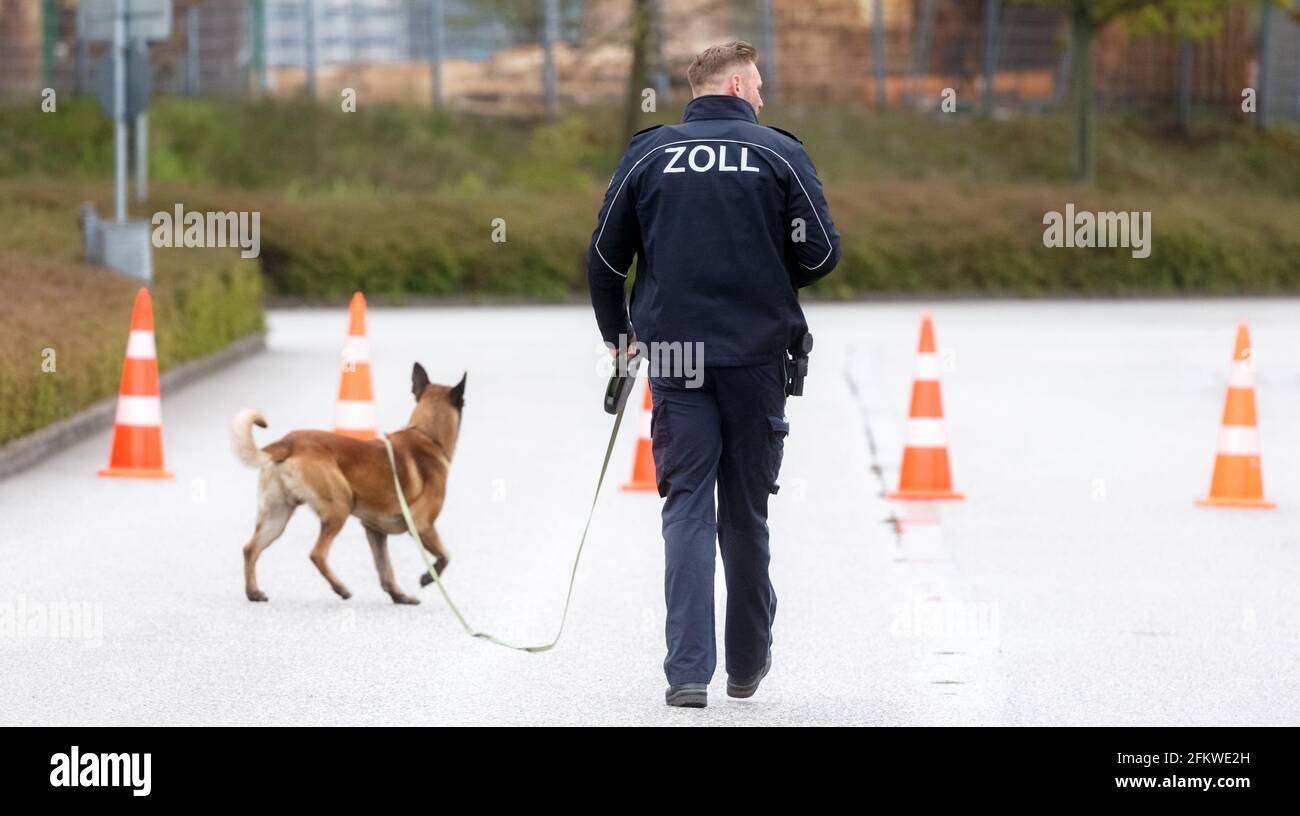 04 May 2021, Hamburg A customs dog handler walks his service dog