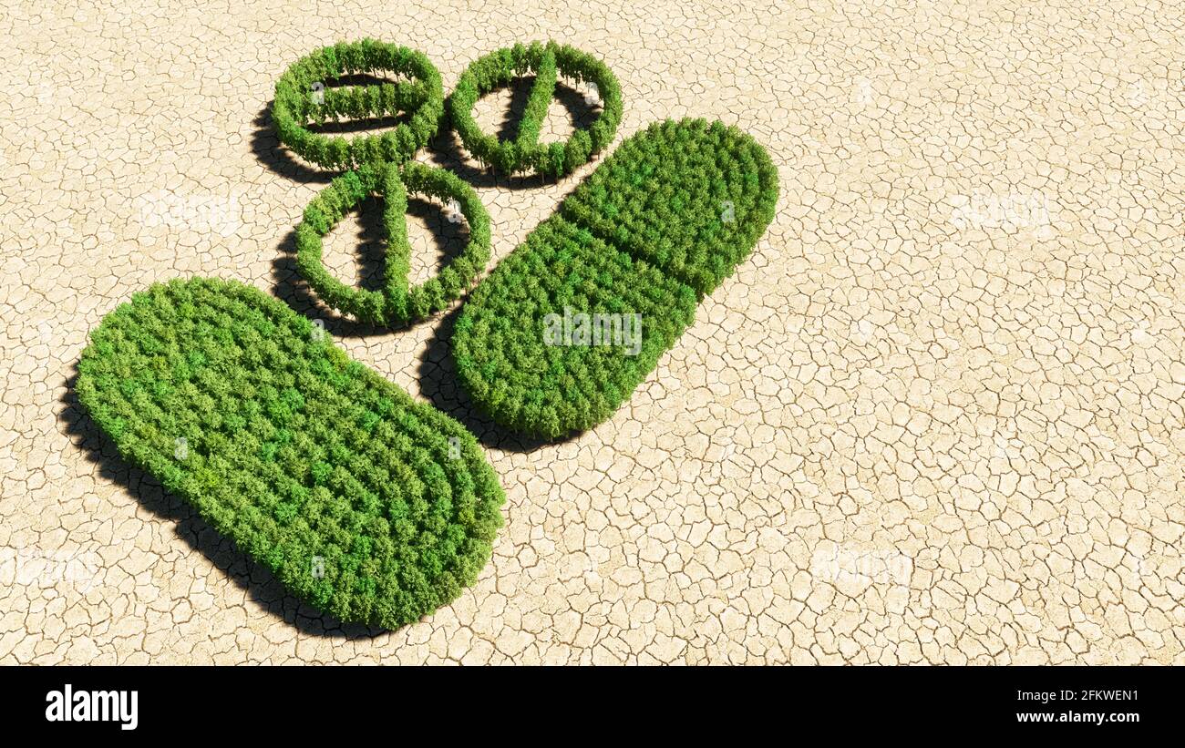 Concept or conceptual group of green forest tree on dry ground ...
