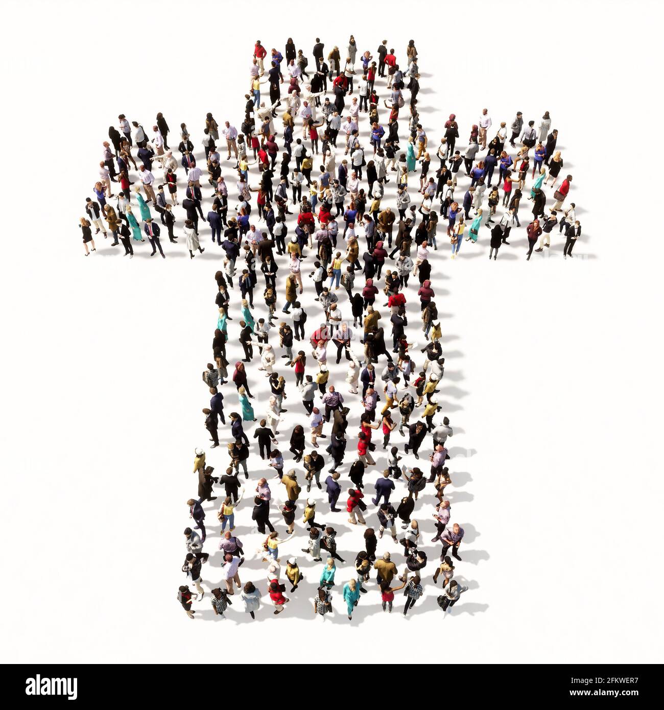 Concept or conceptual large community  of people forming the image of a religious christian cross. A 3d illustration metaphor for God, Christ Stock Photo