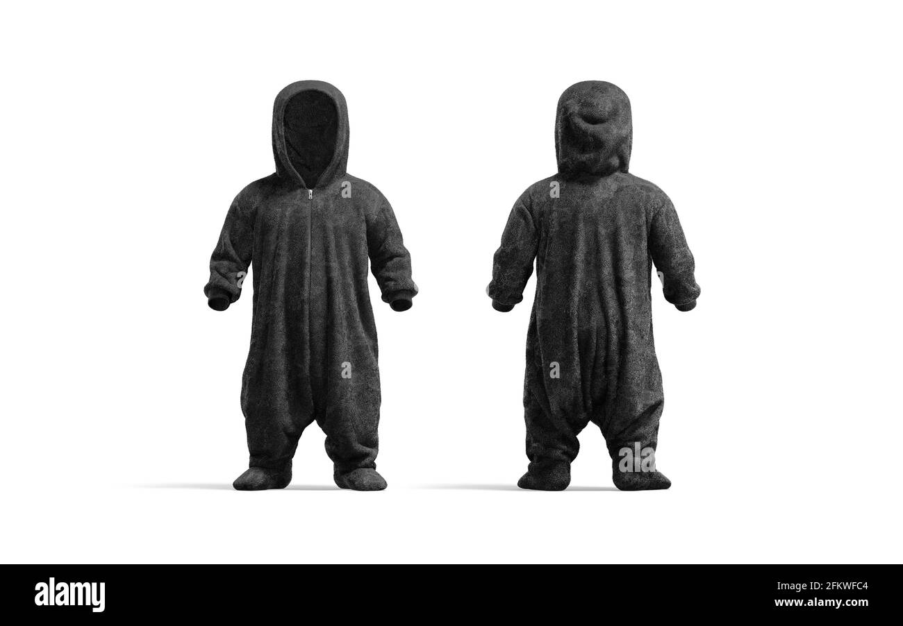 Blank black kid plush jumpsuit mockup, front and back view, 3d ...