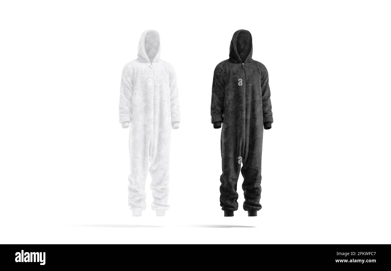 Blank black and white plush jumpsuit mockup, side view, 3d rendering ...