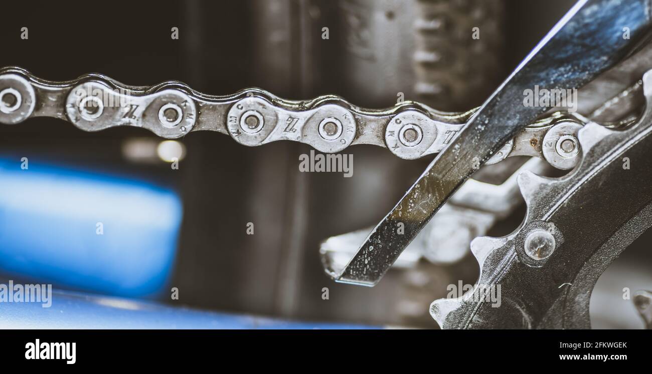 Bicycle clean chain and front derailleur close up Stock Photo Alamy