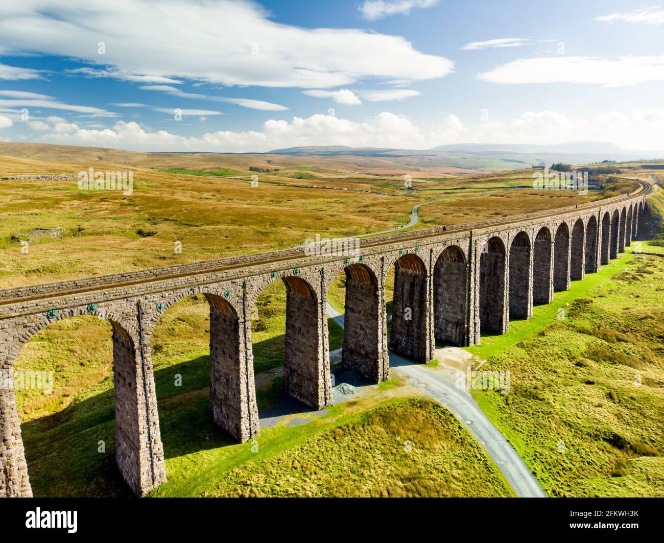 Aerial view of Ribblehead viaduct, located in North Yorkshire, the longest and the third tallest structure on the Settle-Carlisle line. Tourist attrac Stock Photo