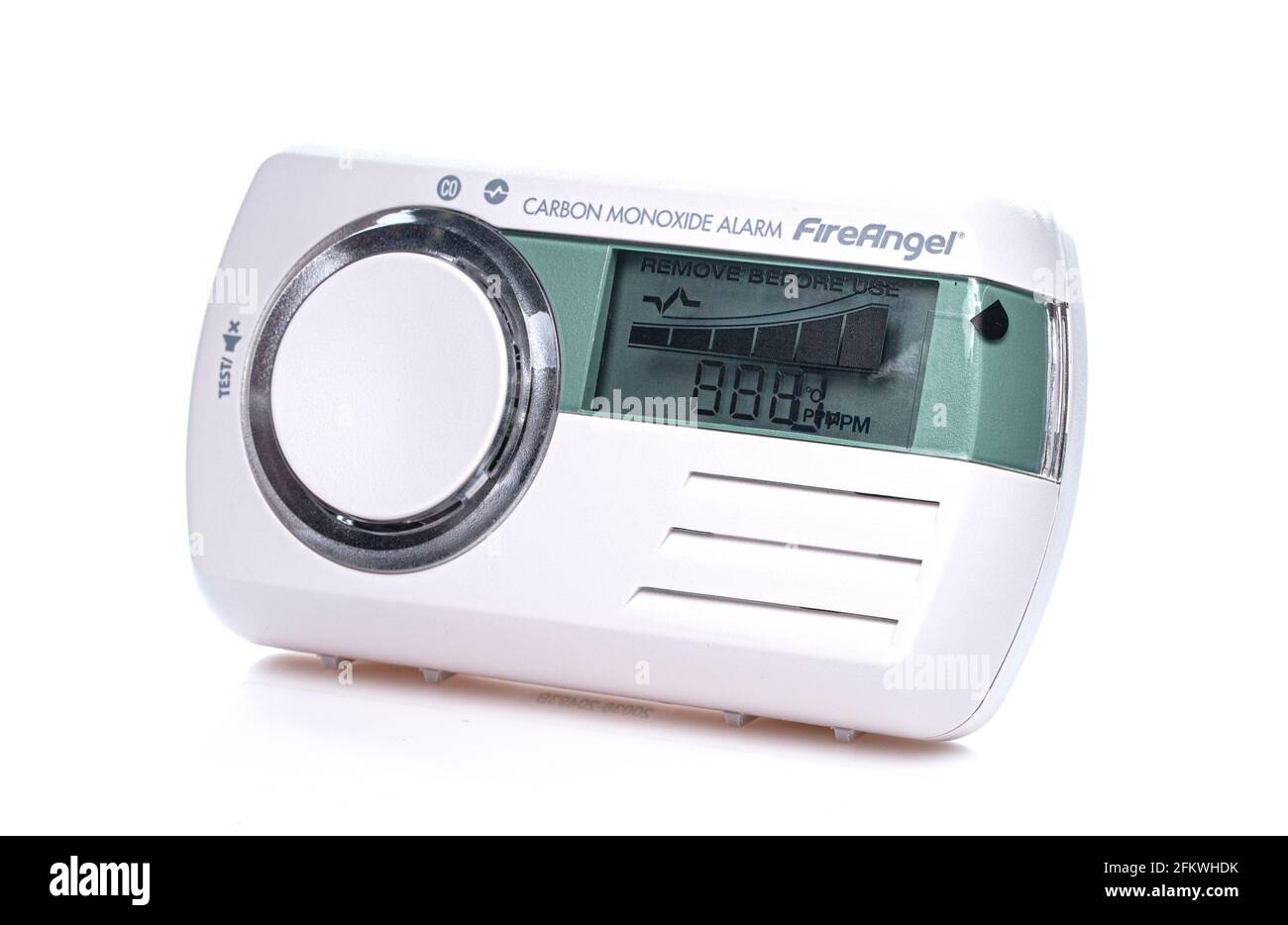 SWINDON, UK - MAY 3, 2021: Fire Angel CO Carbon Monoxide Alarm on a White Background Stock Photo