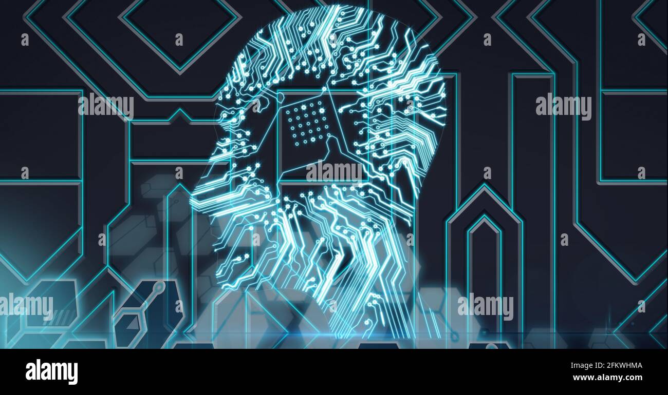 Composition of human head formed with circuit board over blue pattern ...