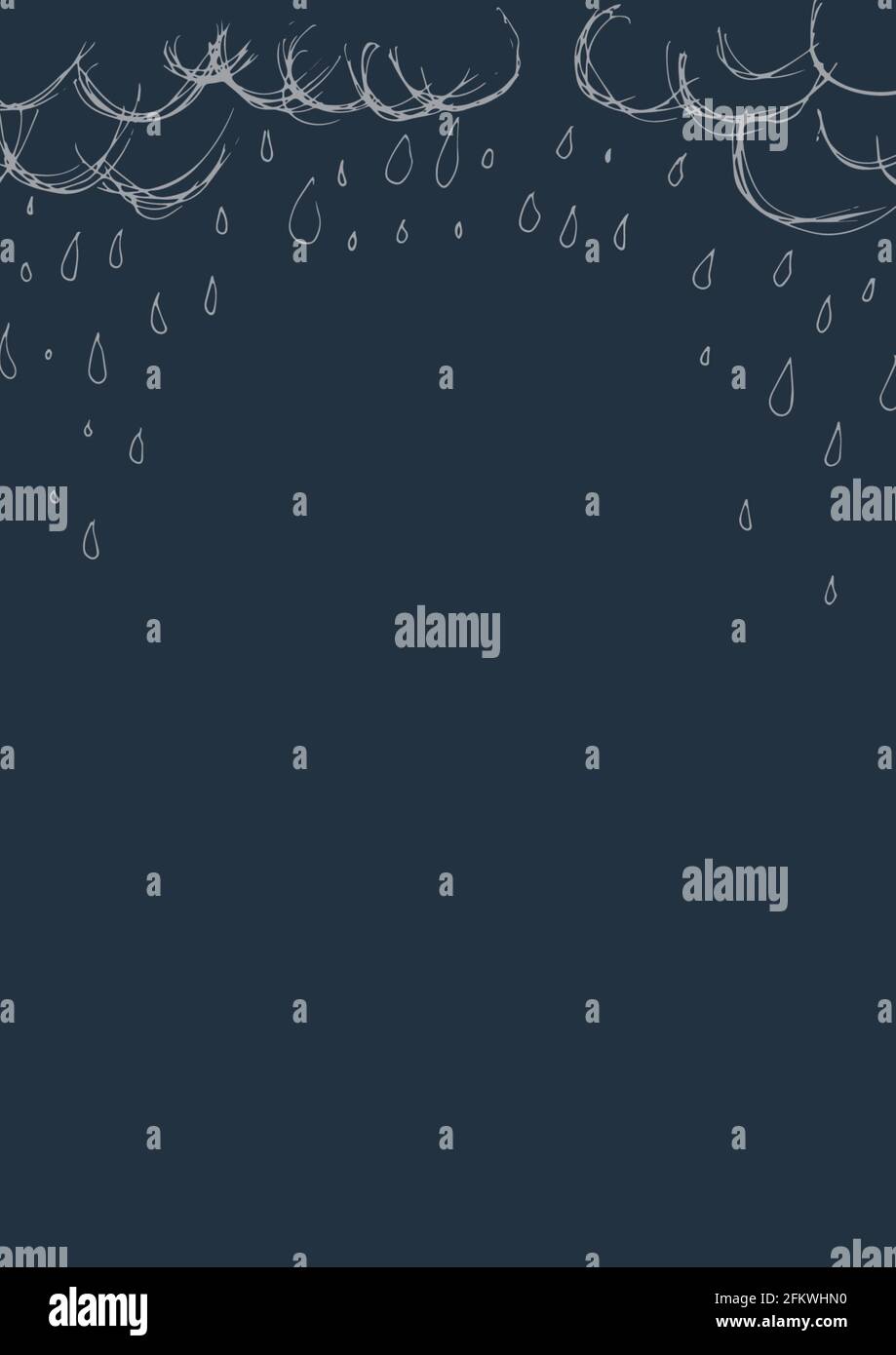 Illustration of white hand drawn clouds and raindrops with copy space ...