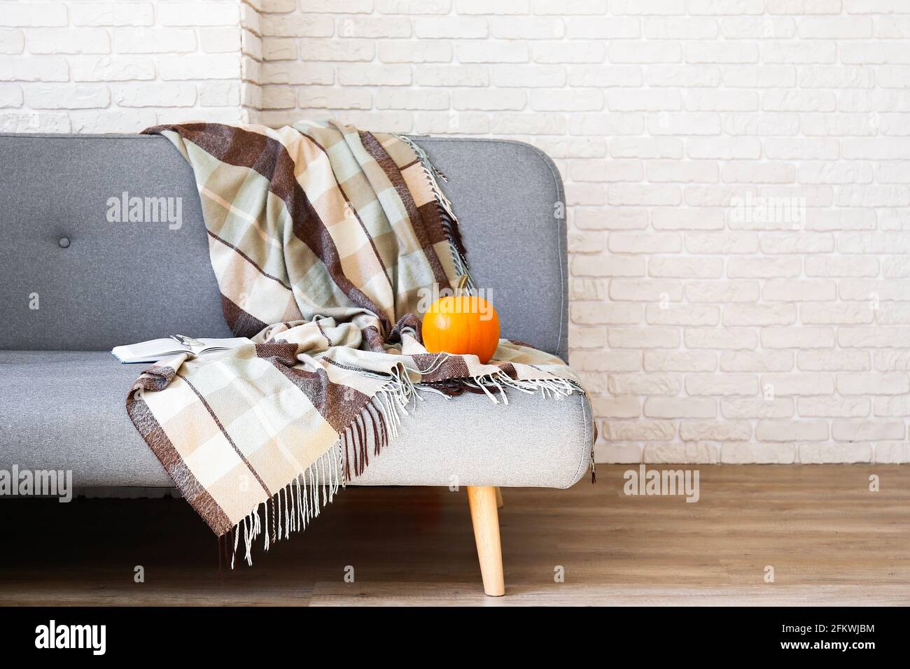Minimalistic interior design concept. Grey textile sofa in spacious room of loft style apartment with wood textured laminated flooring. Background, co Stock Photo