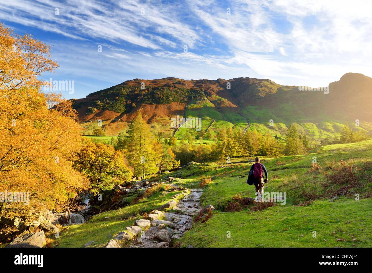 Male hiker exploring the Great Langdale valley in the Lake District, famous for its glacial ribbon lakes and rugged mountains. Popular vacation destin Stock Photo