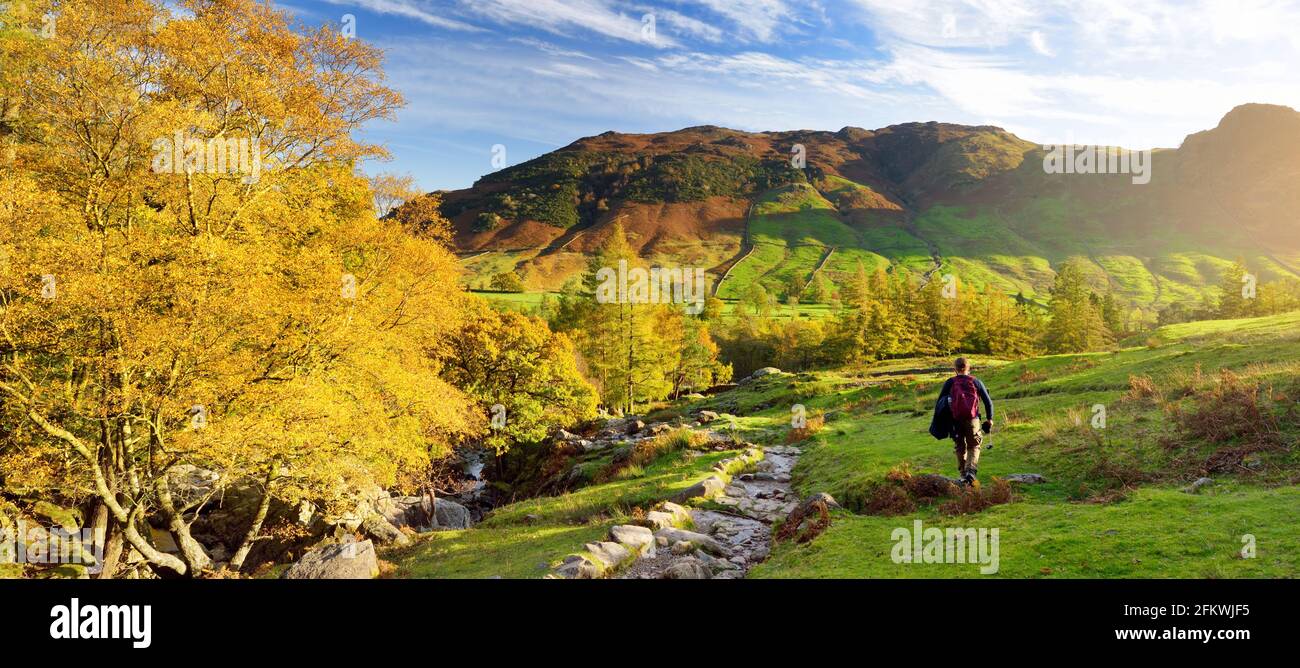 Male hiker exploring the Great Langdale valley in the Lake District, famous for its glacial ribbon lakes and rugged mountains. Popular vacation destin Stock Photo