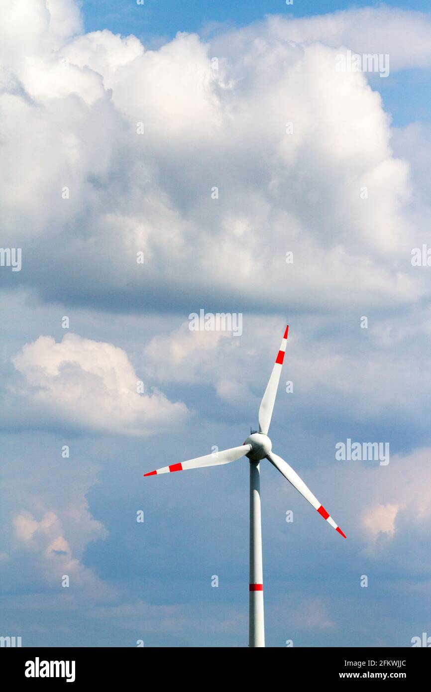 Wind Turbines . Blue Sky Wind And Clouds. Positive, Renewable Energie Stock Photo
