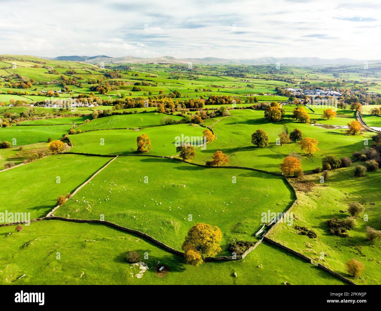 Aerial view of endless lush pastures and farmlands of England. Beautiful English countryside with emerald green fields and meadows. Rural landscape on Stock Photo