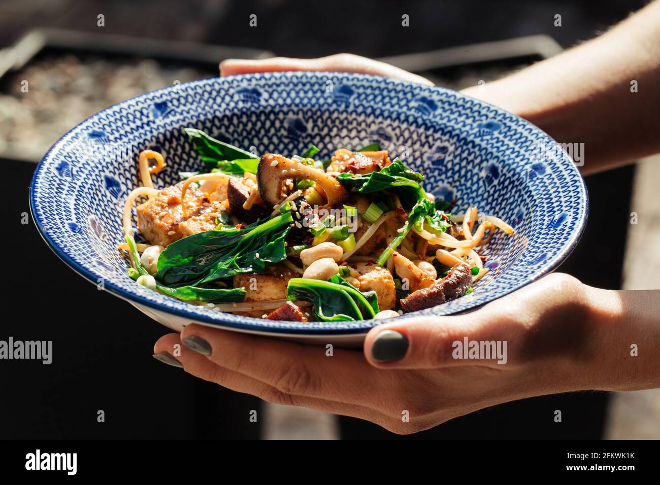Hands holding fried tofu with spinach and nuts Stock Photo