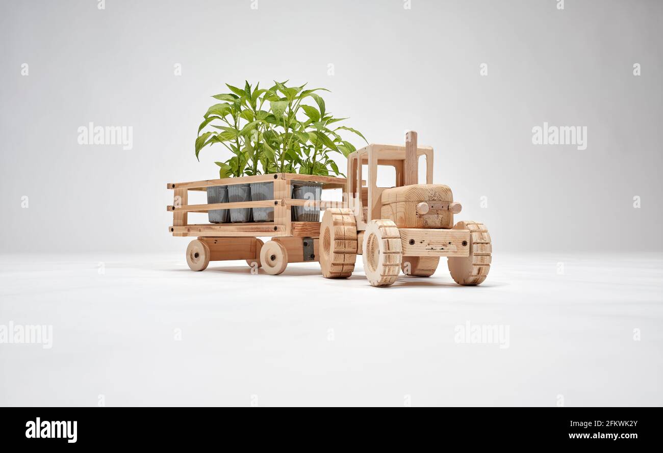 Wooden tractor with trailer, transports small trees. Concept of